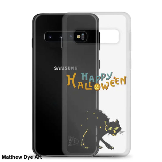 Clear case for Samsung Galaxy with Halloween-themed scary cat design and text