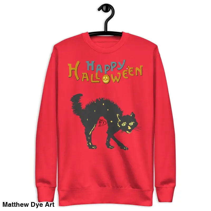 Red Halloween sweatshirt featuring Scary Cats & Chaos design for Halloween nights