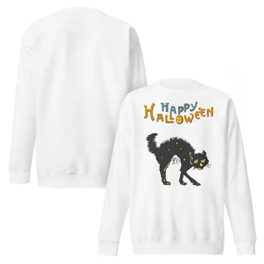 White Halloween sweatshirt featuring Scary Cats & Chaos design for festive Halloween nights