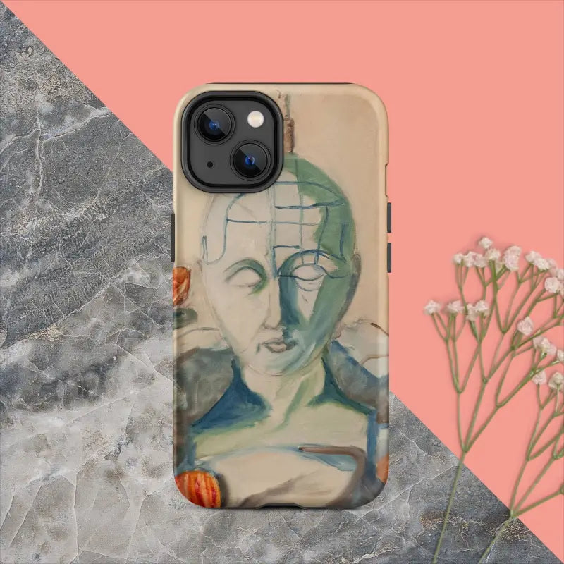 IPhone case featuring Matthew Dye’s artistic portrait in muted blue and green tones