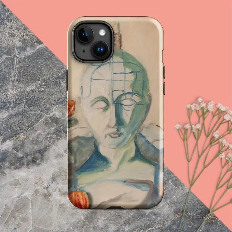 Artistic portrait iPhone case in blue and green tones, featuring a phrenology tough case design