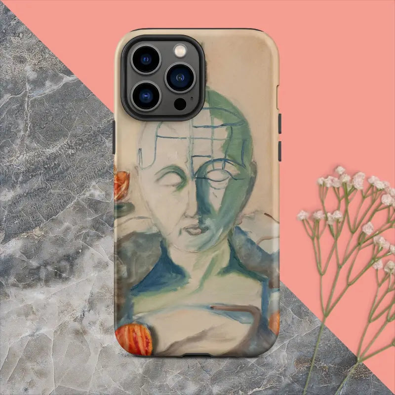 Artistic portrait iPhone case in blue and green, featuring Matthew Dye’s Phrenology Tough Case