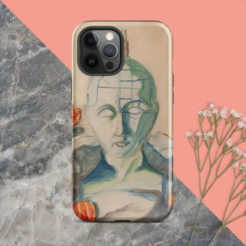 Artistic iPhone case by Matthew Dye featuring a muted blue phrenology design