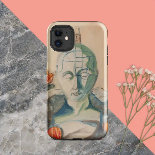 Artistic phone case with portrait in blue and beige, featuring a Phrenology Tough Case design