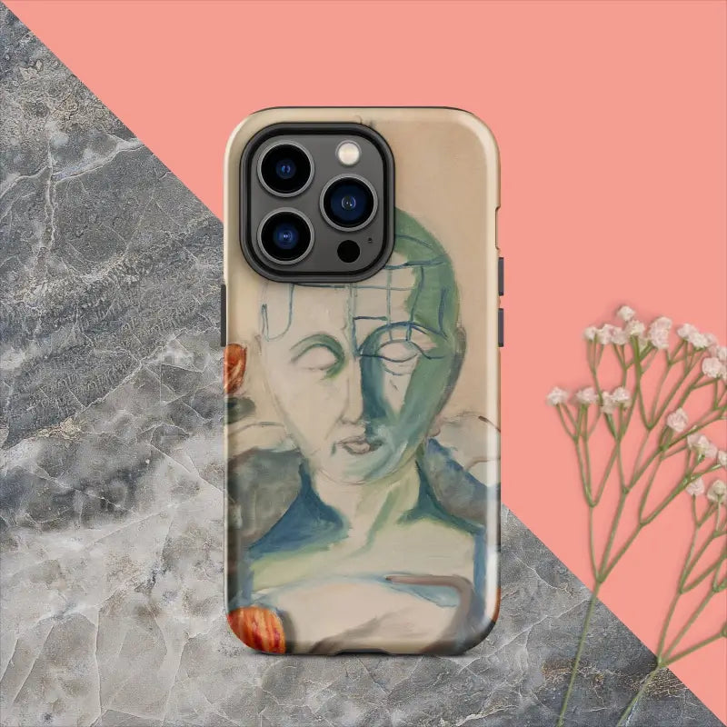 Artistic iPhone case with blue and beige portrait design, featuring a Phrenology Tough Case