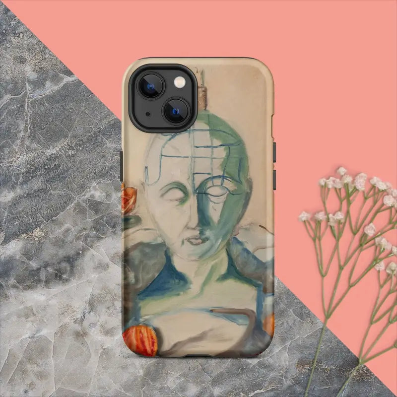 IPhone case with artistic portrait sketch in blue and green tones, Matthew Dye design