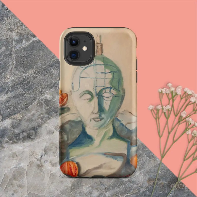 Artistic iPhone case with muted tones, featuring Matthew Dye’s phrenology tough case design