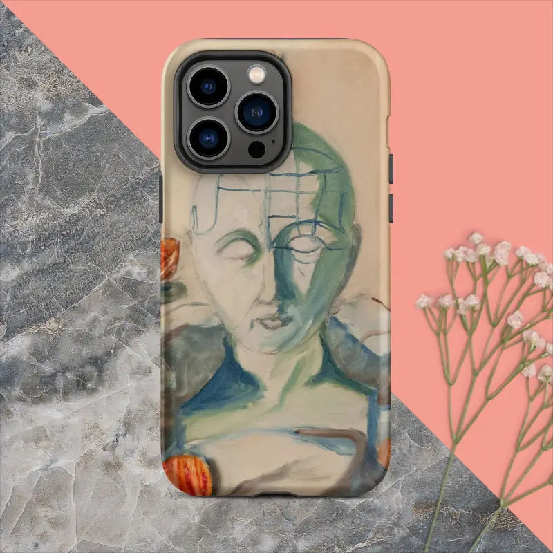 Artistic portrait iPhone case in green and blue tones, featuring Matthew Dye’s phrenology tough case