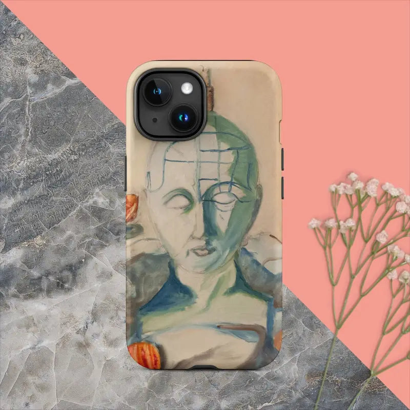 IPhone case showcasing an artistic portrait in muted blue and green, Matthew Dye design