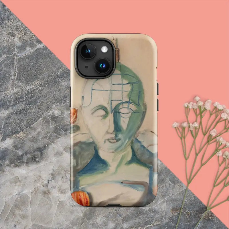 Artistic iPhone case with muted green and blue tones, featuring Matthew Dye’s phrenology art