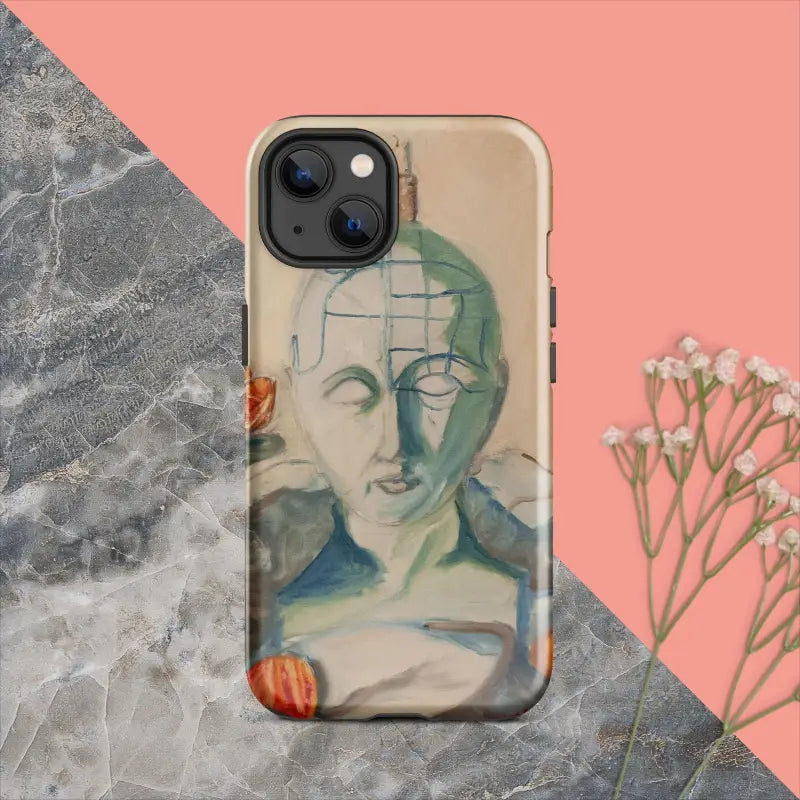 IPhone case with artistic portrait sketch in blue and green, Phrenology Tough Case by Matthew Dye