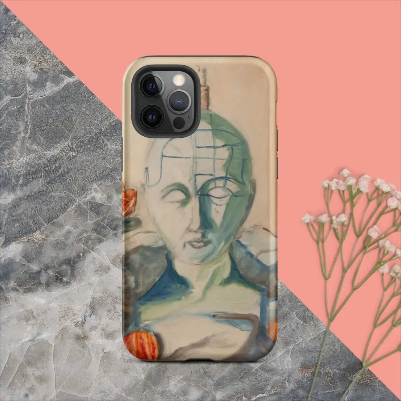 Artistic iPhone case with phrenology design by Matthew Dye in blue and green tones