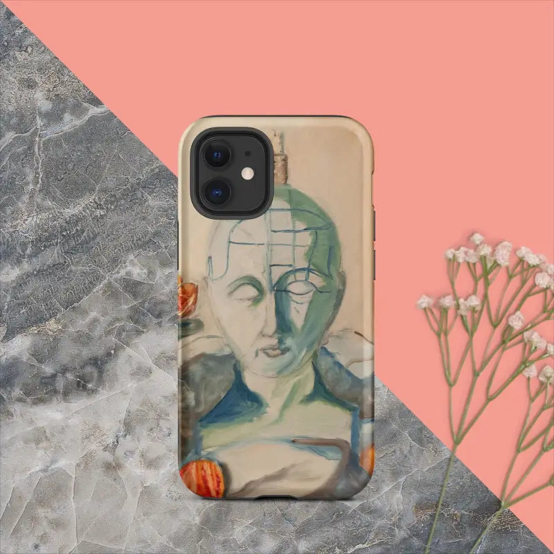 IPhone case featuring Matthew Dye’s artistic phrenology design in muted tones
