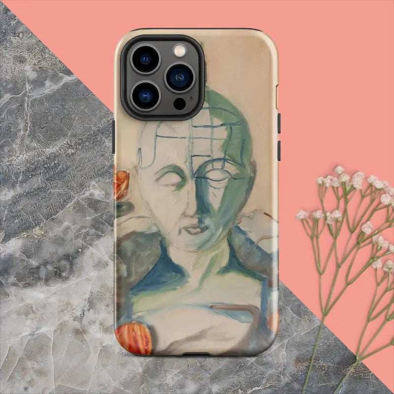IPhone case with artistic portrait in green and blue, featuring Phrenology design by Matthew Dye