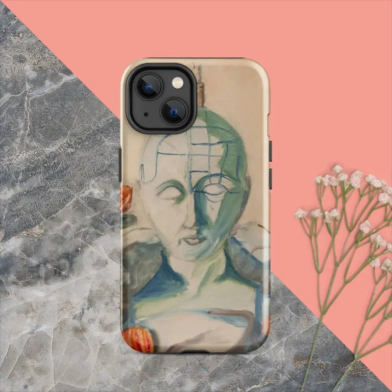 IPhone case with artistic portrait in soft blue and green tones, featuring Phrenology Tough Case