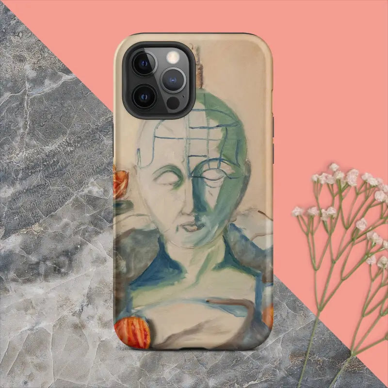 Artistic iPhone case with muted blue and beige portrait by Matthew Dye, phrenology tough case