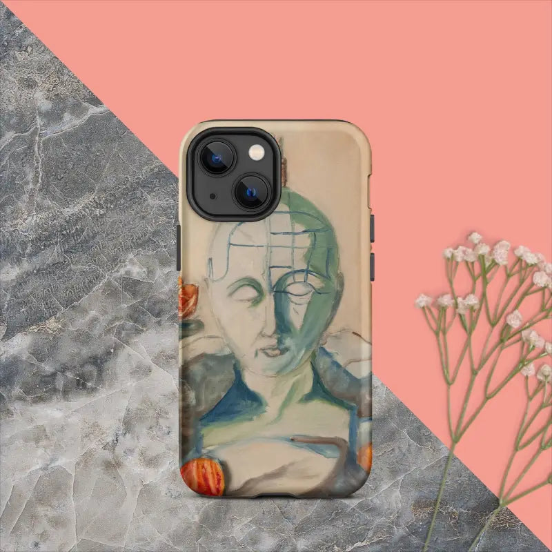 IPhone case with artistic portrait painting, featuring Matthew Dye’s phrenology tough case