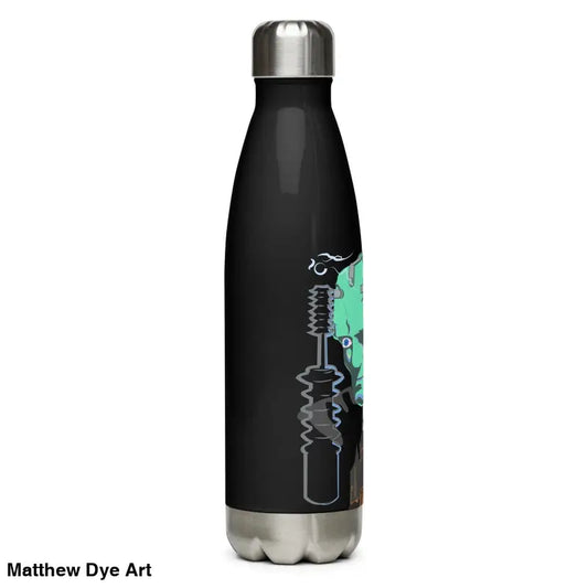 Black stainless steel Retro Franky Water Bottle showcases turquoise graphic design for stylish hydration