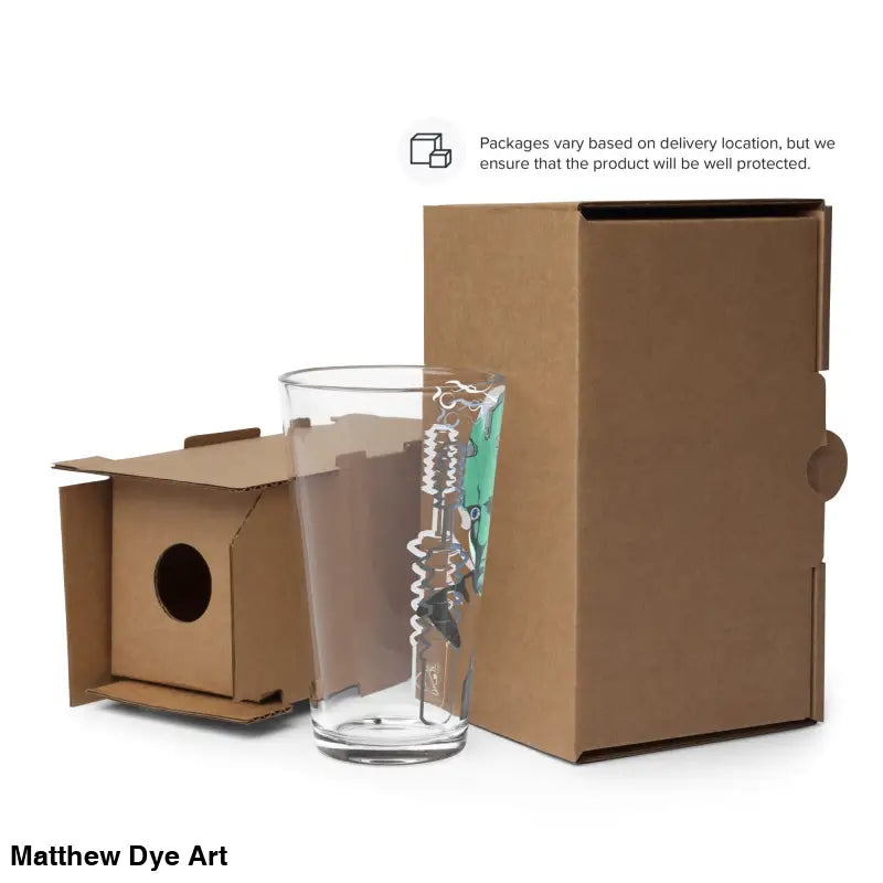 Decorated pint glass in protective packaging for Retro Franky Horror Art design