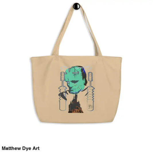 Beige organic cotton tote bag featuring Franky Trick or Treat graphic design