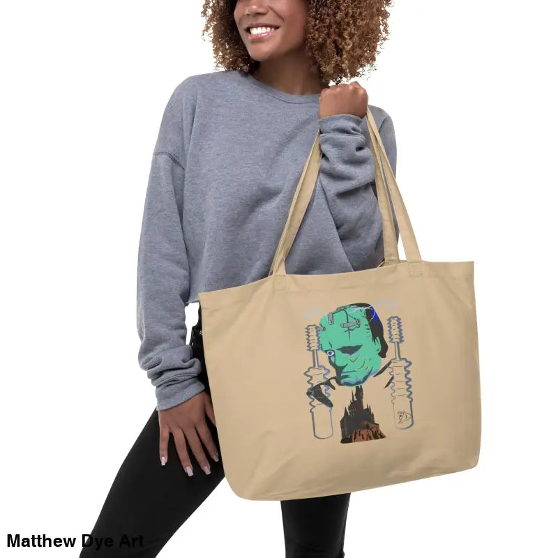 Beige tote bag with Frankenstein graphic from Franky Trick or Treat Organic Cotton Tote