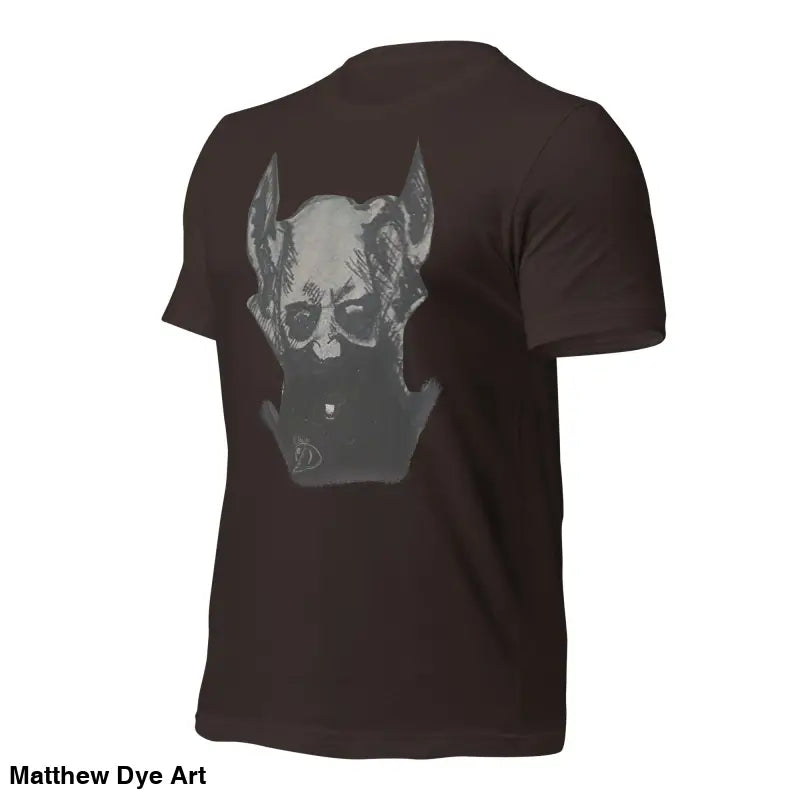 Dark brown Sinister Demon tee featuring grey dog head graphic for Gothic Horror fans