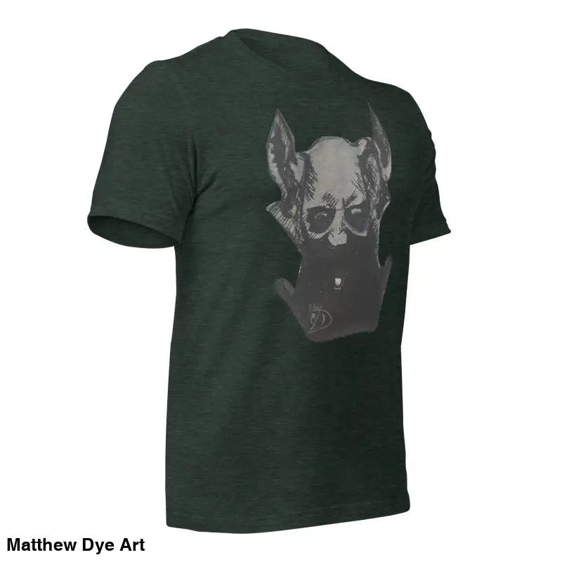 Dark green Sinister Belle unisex t-shirt featuring a grey pig face graphic design