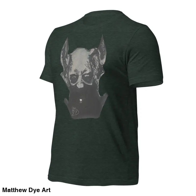 Dark green Sinister Belle Unisex T-shirt featuring grey dog head graphic design