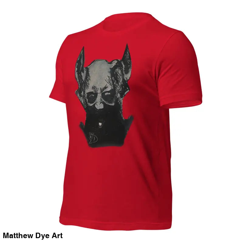 Red Sinister Demon Gothic Horror Unisex Tee featuring a black and gray dog graphic design