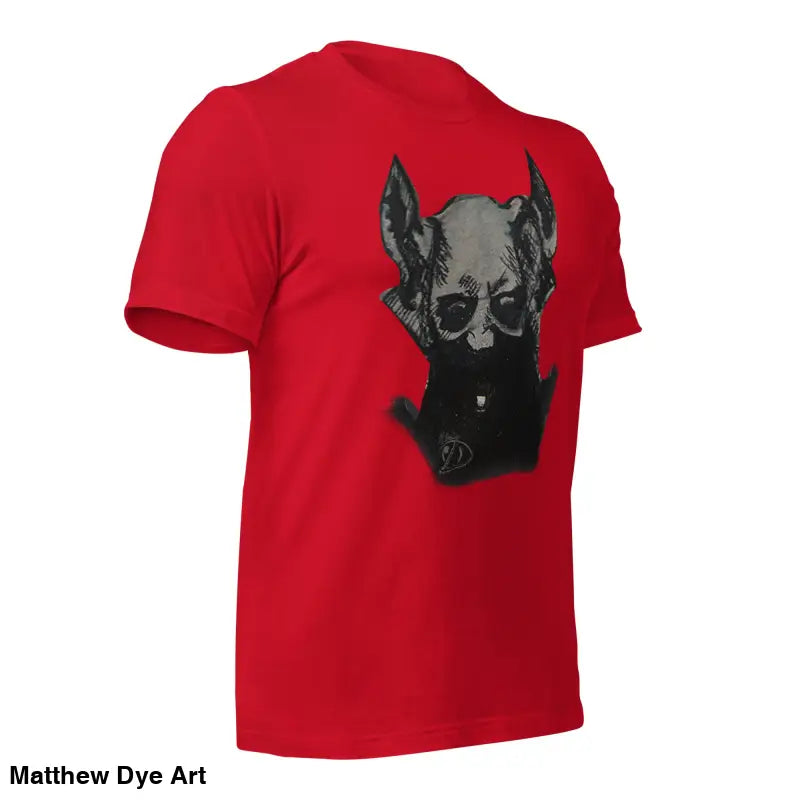 Red T-shirt featuring a black dog graphic wearing sunglasses from Sinister Belle Unisex