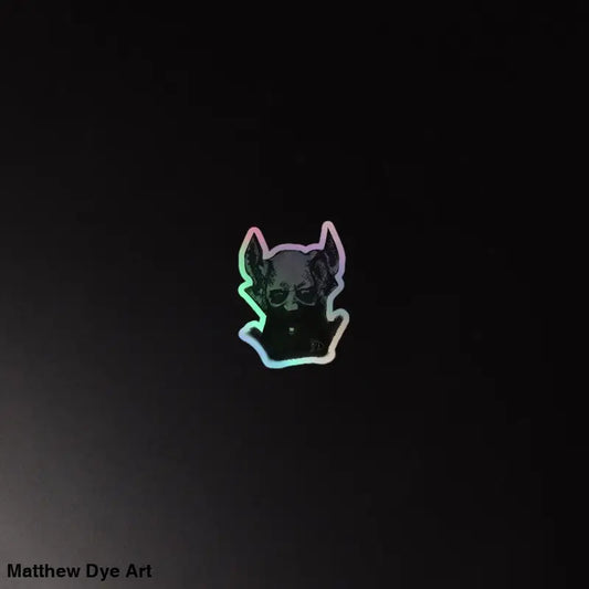 Neon cartoon dog head with glasses as a sinister demonic figure in holographic sticker art