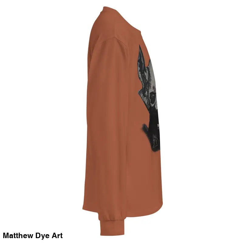 Rust-colored premium long sleeve shirt featuring a sinister dog graphic design