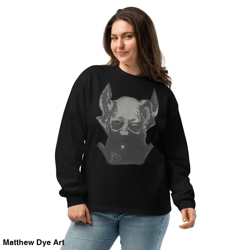 Black premium long sleeve sweatshirt featuring a sinister gray devil-like graphic