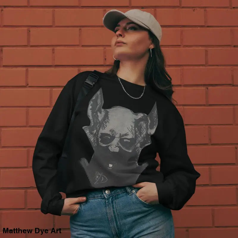 Black sweatshirt with skull graphic from Sinister Embrace premium long sleeve collection