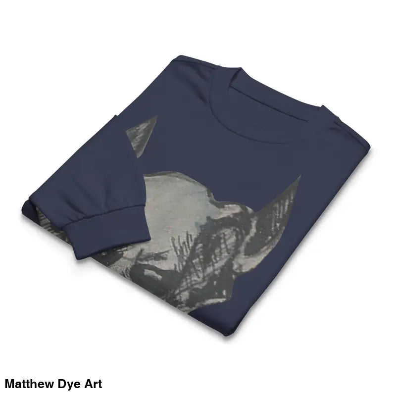 Folded navy premium long sleeve shirt featuring Sinister rhino graphic design