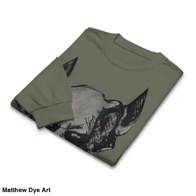 Folded premium long sleeve shirt featuring a rhino graphic from Sinister Embrace