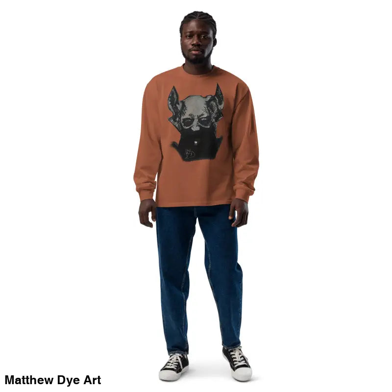 Man in premium long sleeve shirt featuring a sinister skull graphic design