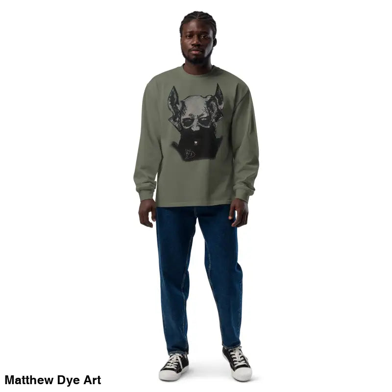 Man showcasing premium long sleeve shirt featuring a sinister skull design