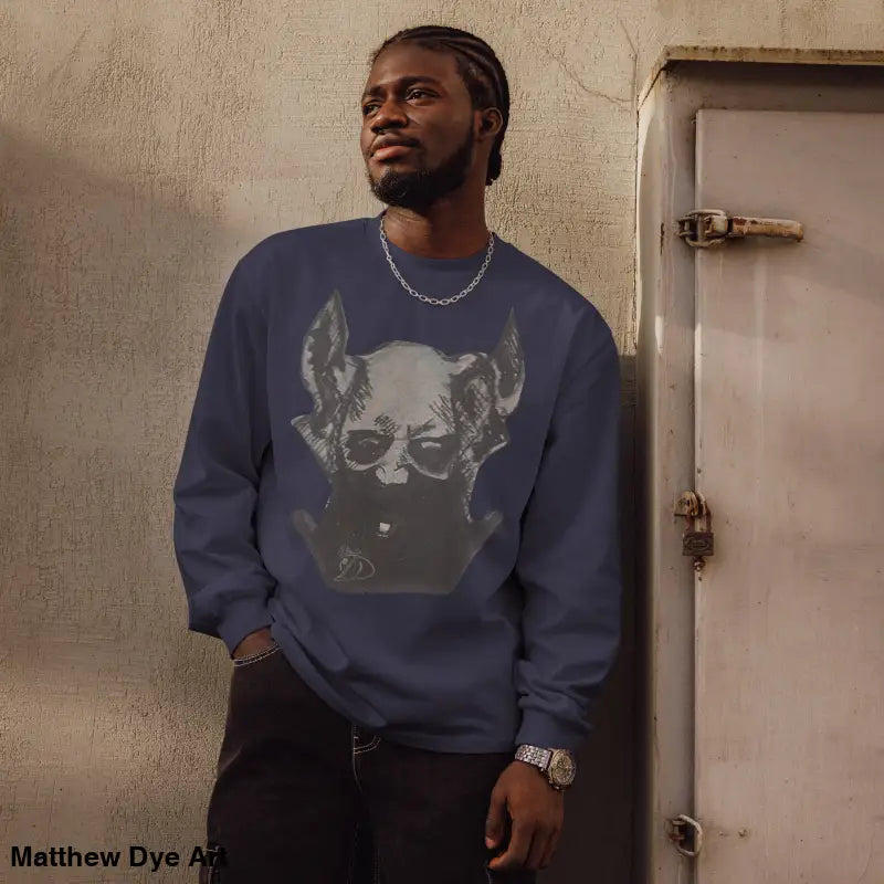 Navy premium long sleeve shirt featuring a sinister skull graphic for gothic style