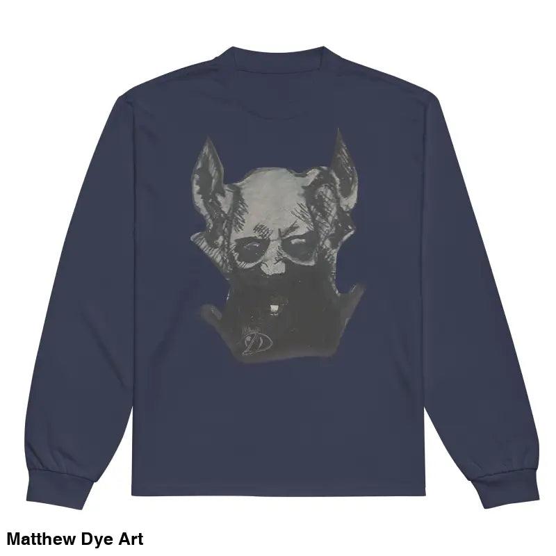 Navy premium long sleeve Sinister Embrace shirt featuring a striking graphic design