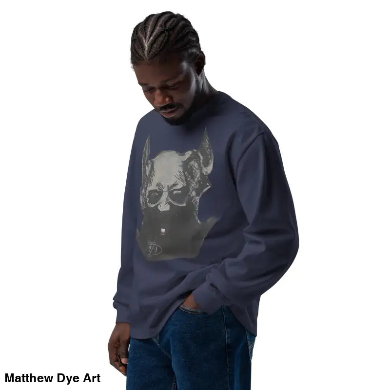 Navy blue Sinister Embrace premium long sleeve sweatshirt featuring a graphic print