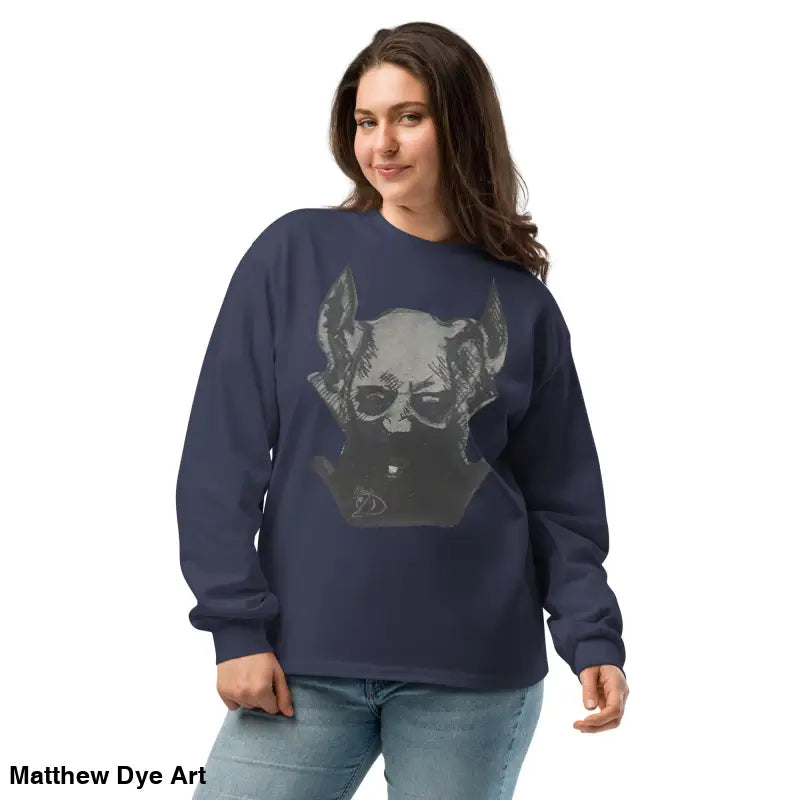 Navy blue premium long sleeve sweatshirt featuring Sinister graphic design