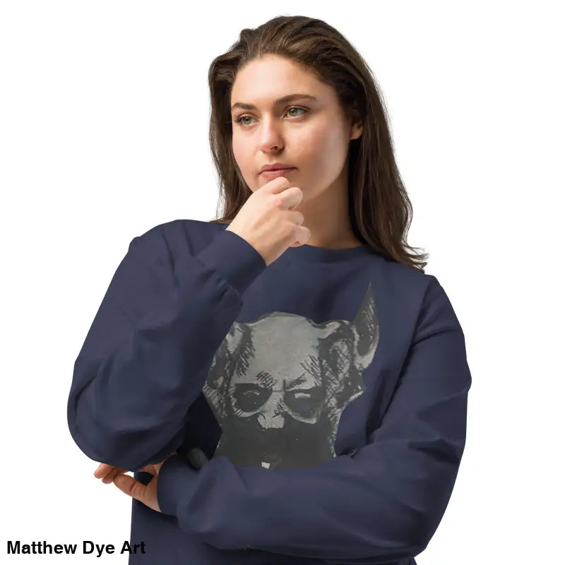 Navy blue Sinister Embrace premium long sleeve sweatshirt featuring graphic design