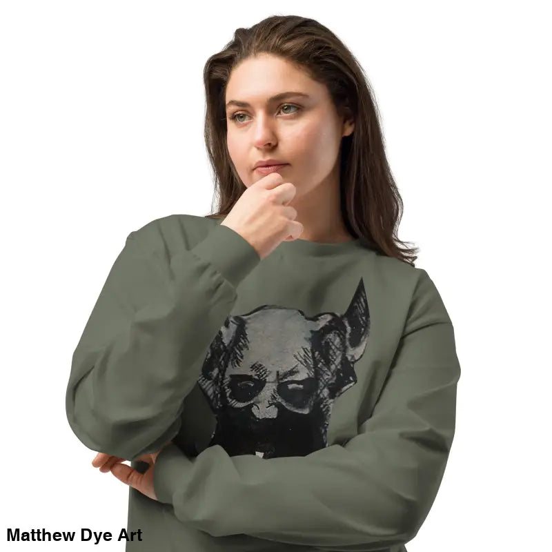 Olive green Sinister Embrace premium long sleeve sweatshirt featuring a graphic design