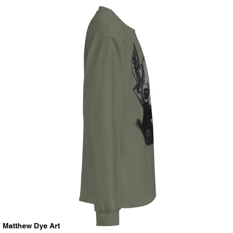 Olive green premium long sleeve shirt with Sinister Embrace graphic design