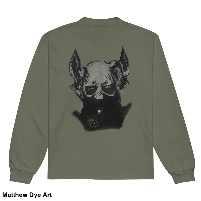 Olive green premium long sleeve Sinister Embrace shirt featuring a gothic graphic design