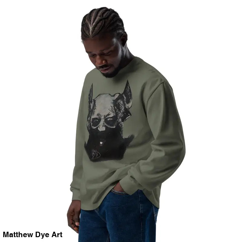 Olive green premium long sleeve shirt featuring Sinister Embrace graphic design