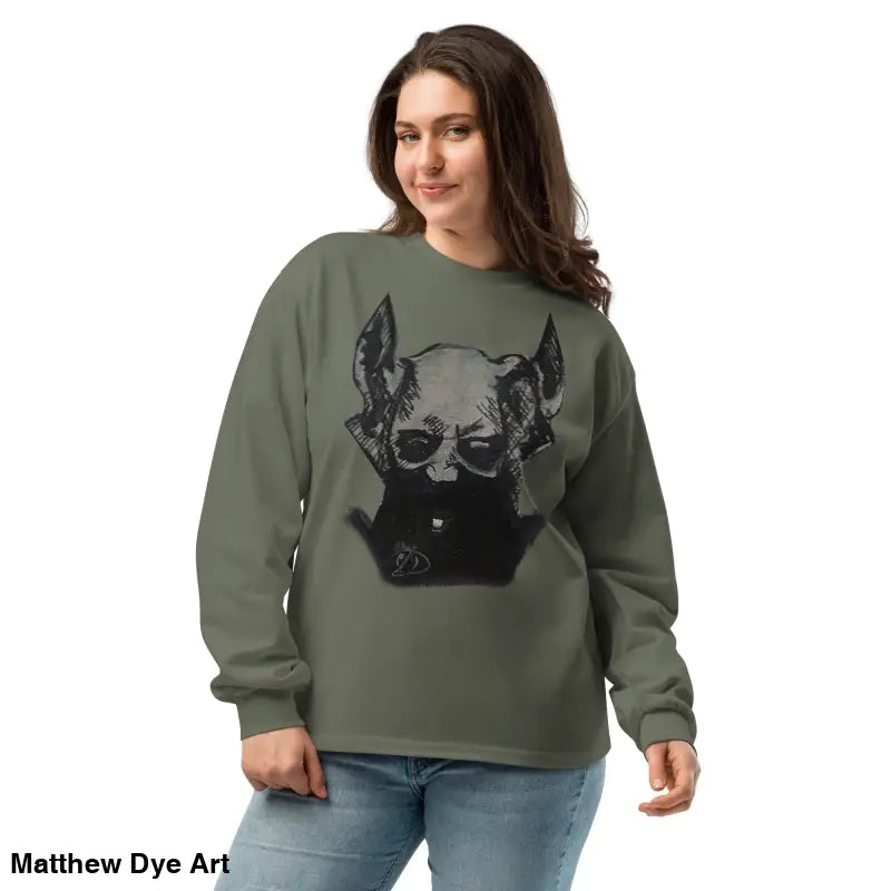 Olive green Sinister Embrace premium long sleeve sweatshirt featuring skull graphic