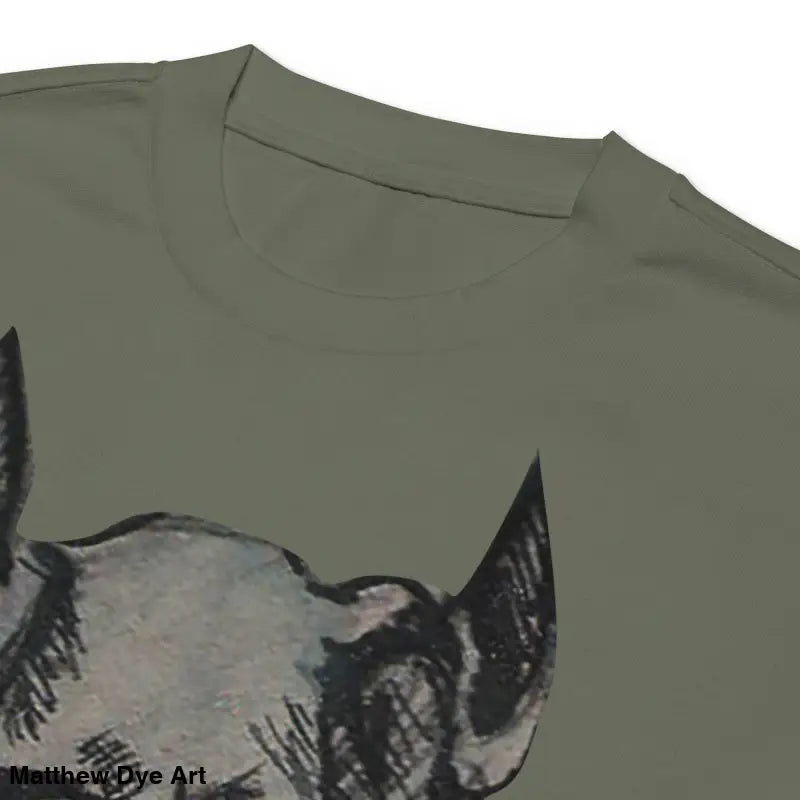 Olive green t-shirt featuring a demon graphic from the premium Sinister Embrace collection