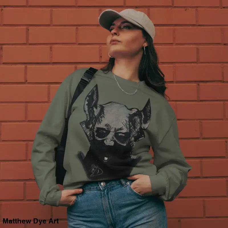 Woman wearing premium long sleeve Sinister Embrace graphic sweatshirt featuring a demon design